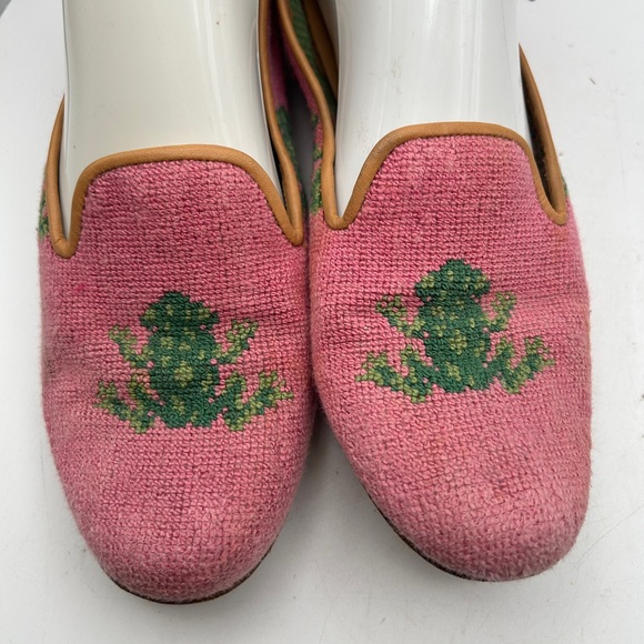 Stubbs & Wootton Pink Green Frog Needlepoint Loafer ballet Flat Shoes 9 Womens - Picture 9 of 15